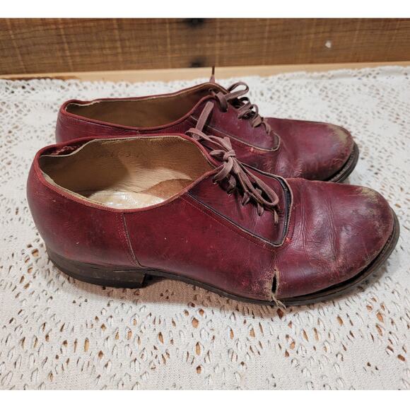Vintage 1950's Men's Red Genuine Leather Goodyear Oxford Shoes Size 5.5 - Picture 2 of 11